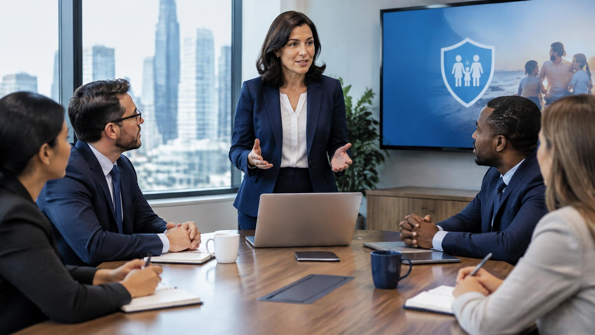 insurance executive leading meeting